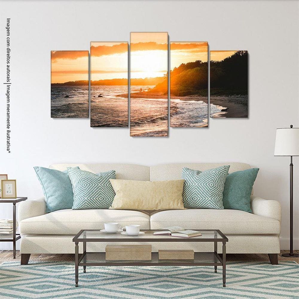 Kit 5 Quadros Decorativos Sala Quarto Praia Entardecer
