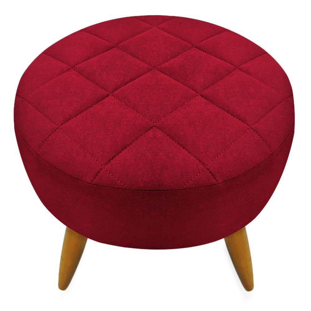 Puff Puf Decorativo Maitê Redondo Suede Vermelho Pés Madeira Ms Decor