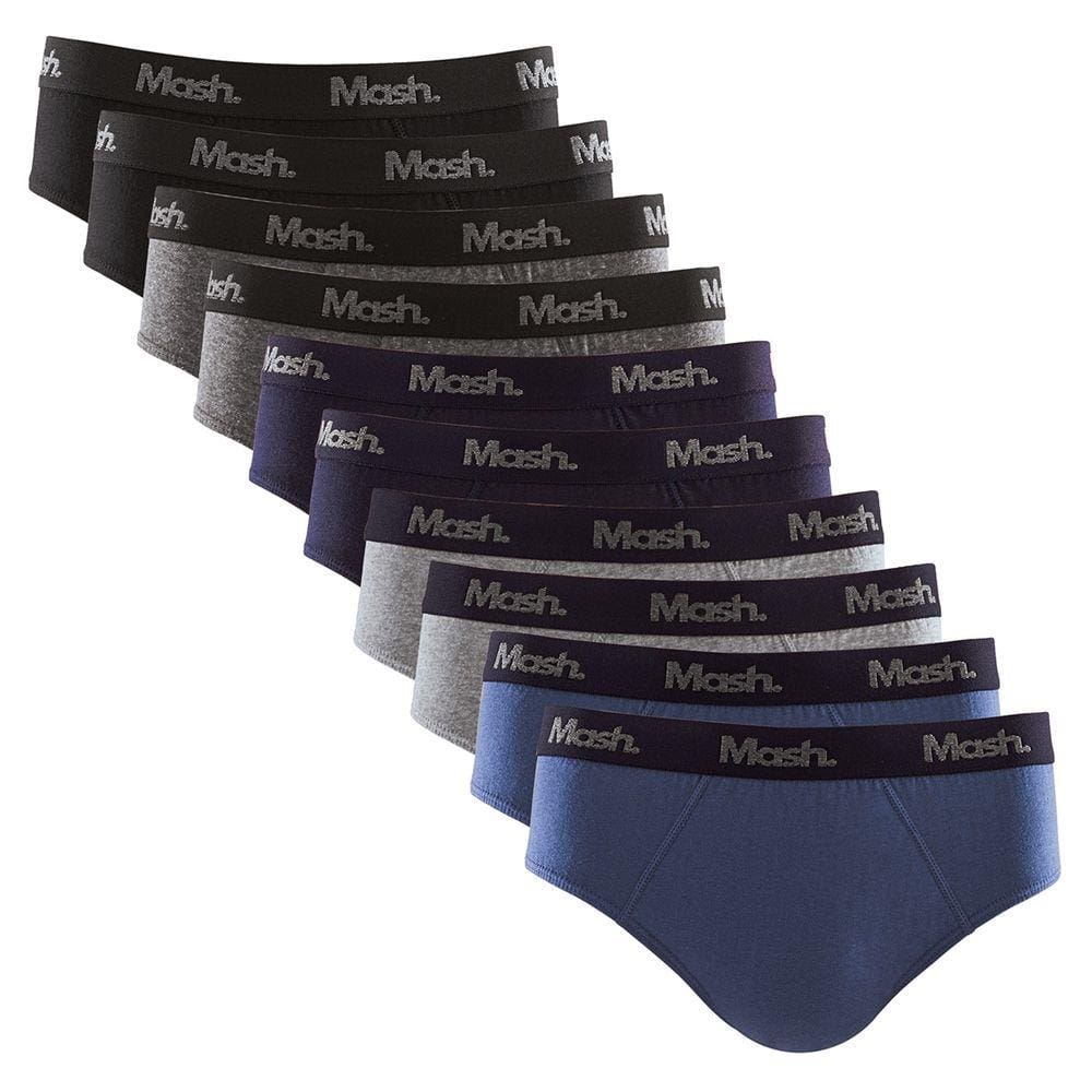 Kit 10 Cuecas Slip Mash Algodão Elástico Preto/Cinza/Azul