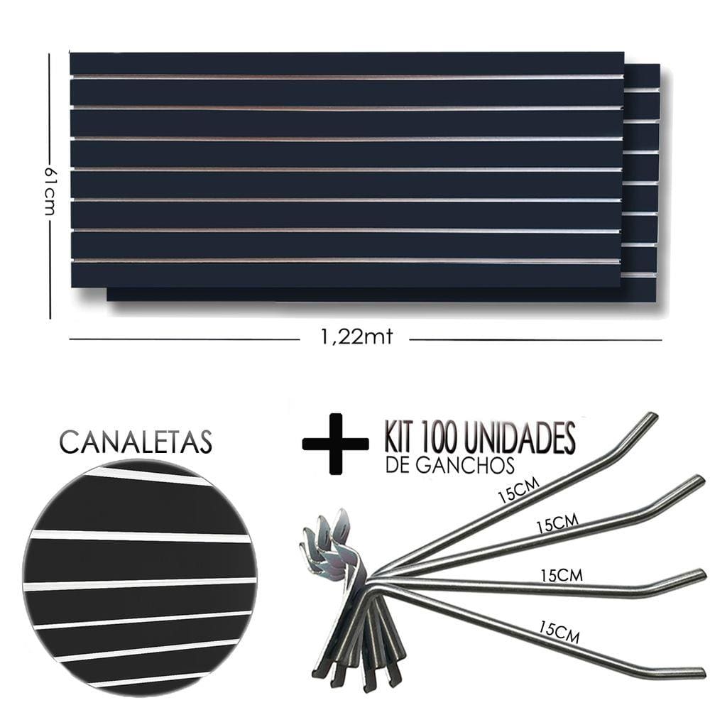 2 Paineis Canaletado Preto -1,22 x 0,61 + 100 Gancho 15cm + Canaletas BRANCO