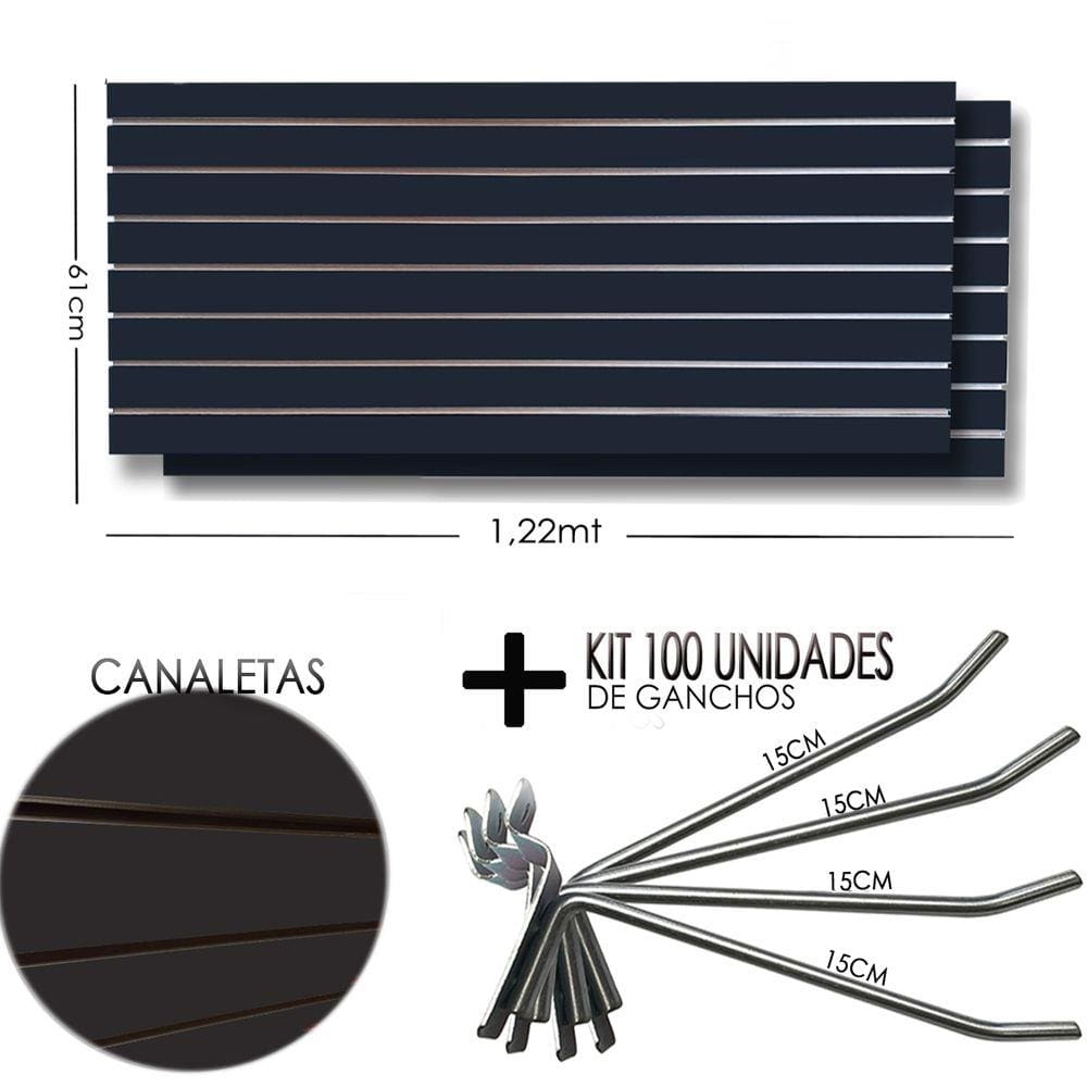 2 Paineis Canaletado Preto -1,22 x 0,61 + 100 Gancho 15cm + Canaletas PRETAS