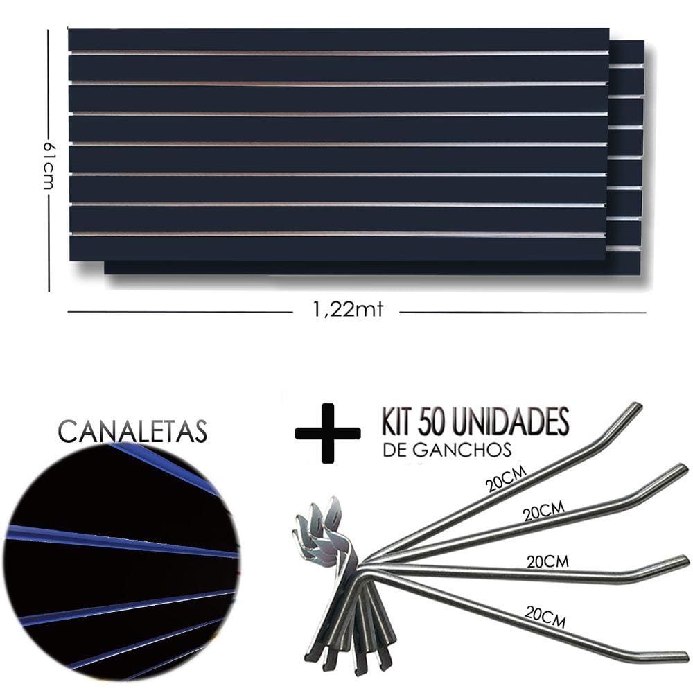 2 Paineis Canaletado Preto -1,22 x 0,61 + 50 Gancho 20cm + Canaletas AZUL