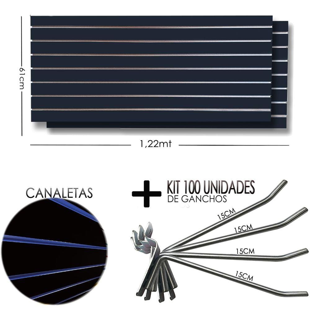 2 Paineis Canaletado Preto -1,22 x 0,61 + 100 Gancho 15cm + Canaletas AZUL