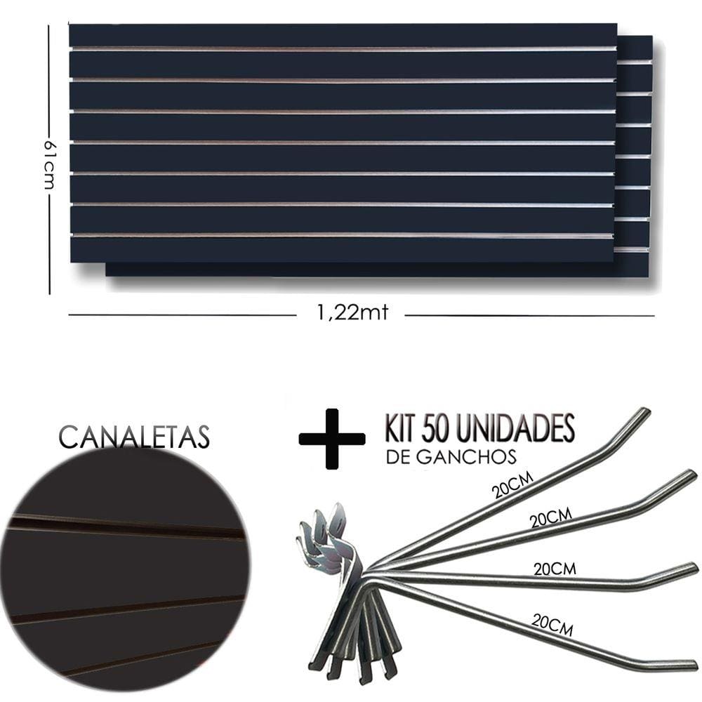 2 Paineis Canaletado Preto -1,22 x 0,61 + 50 Ganchos 20cm + Canaletas PRETAS