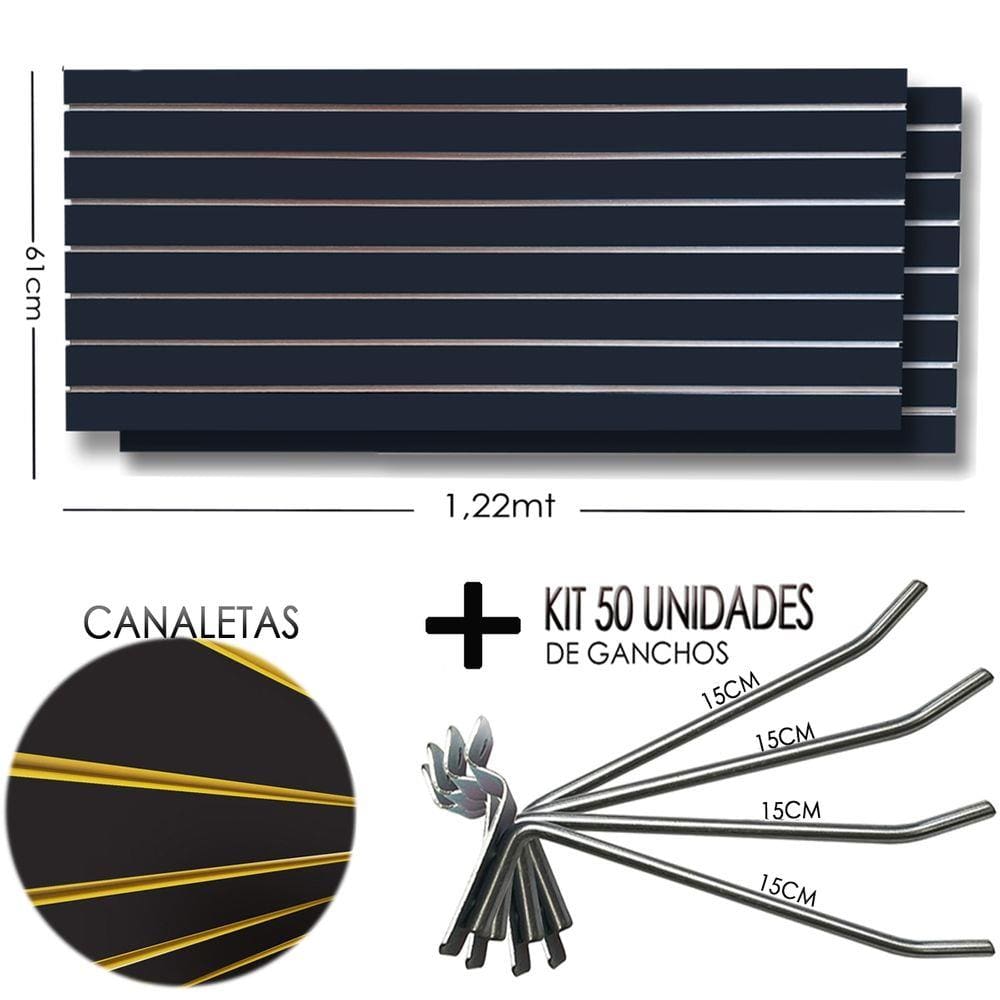 2 Paineis Canaletado Preto -1,22 x 0,61 + 50 Gancho 15cm + Canaletas AMARELO