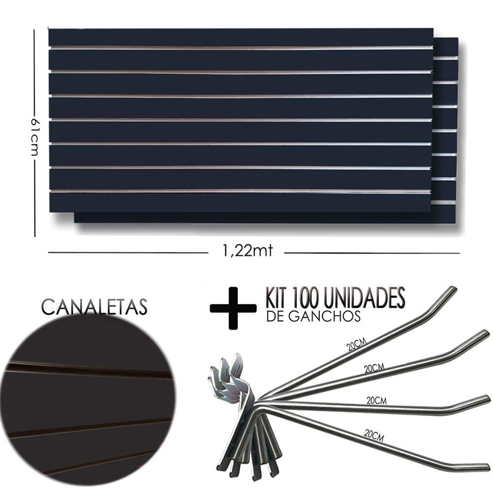 2 Paineis Canaletado Preto -1,22 x 0,61 + 100 Gancho 20cm + Canaletas PRETAS
