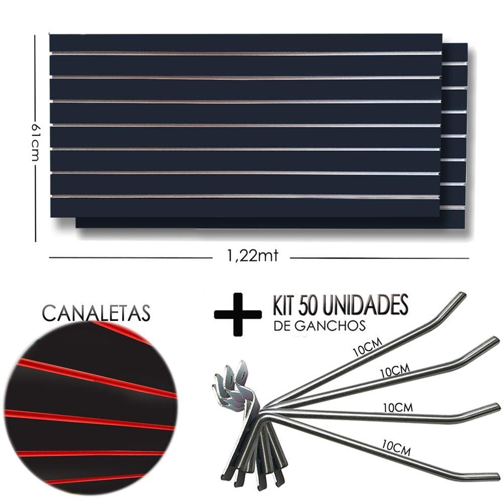 2 Paineis Canaletado Preto -1,22 x 0,61 + 50 Gancho 10cm + Canaletas VERMELHA