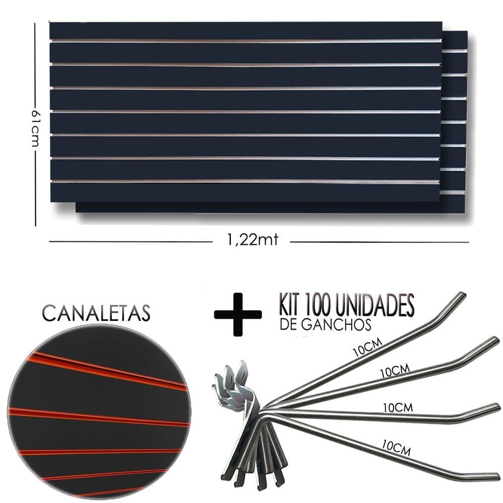 2 Paineis Canaletado Preto -1,22 x 0,61 + 100 Gancho 10cm + Canaletas LARANJA