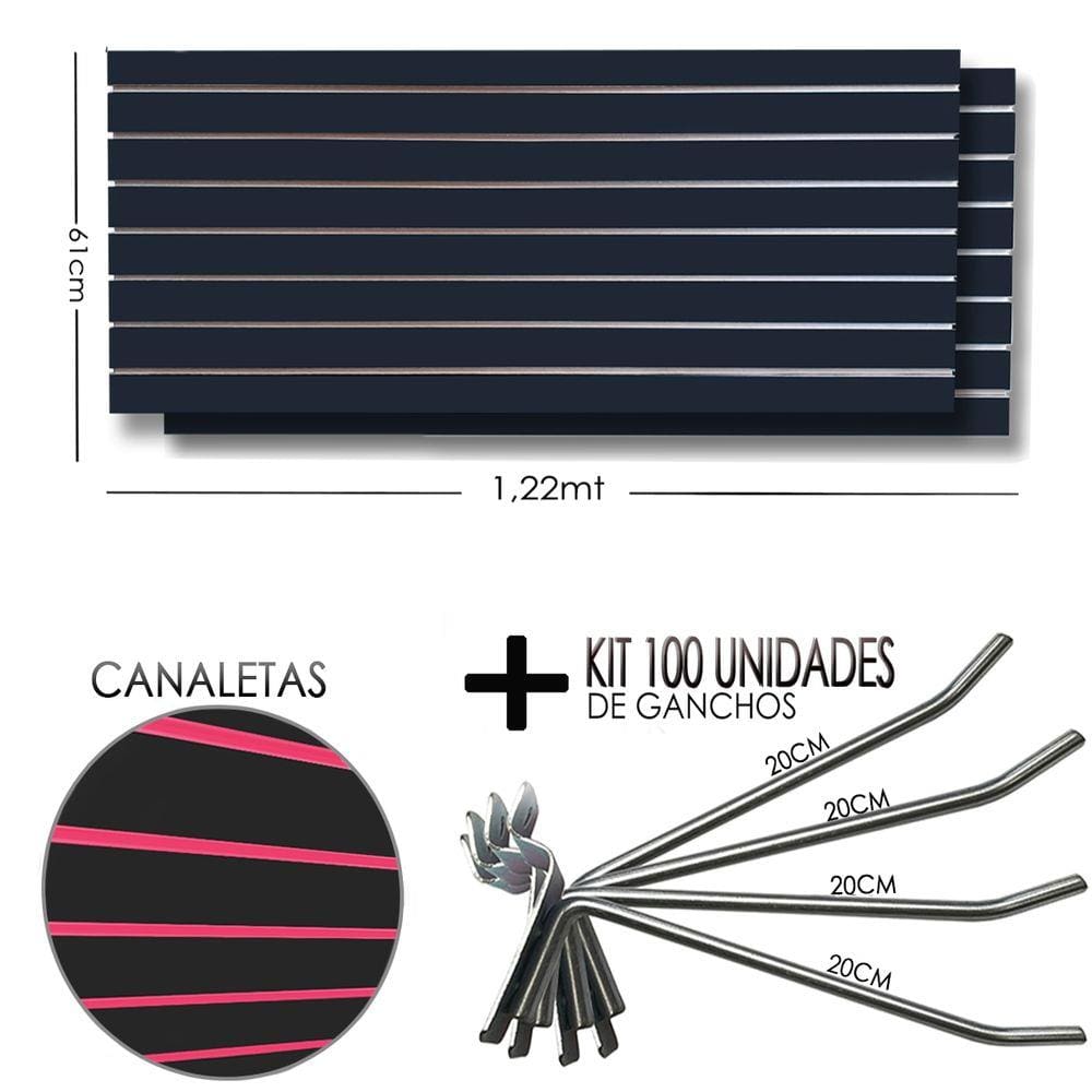 2 Paineis Canaletado Preto -1,22 x 0,61 + 100 Gancho 20cm + Canaletas ROSA