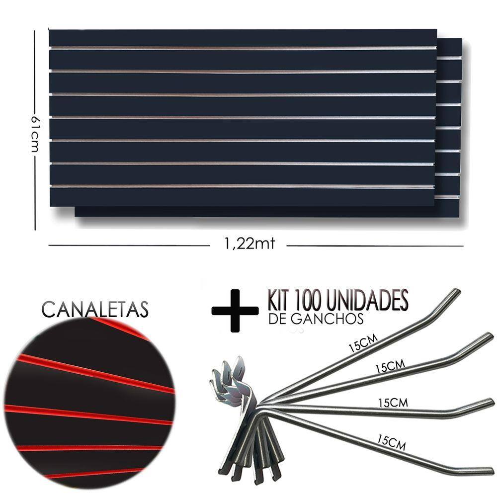 2 Paineis Canaletado Preto -1,22 x 0,61 + 100 Gancho 15cm + Canaletas VERMELHA