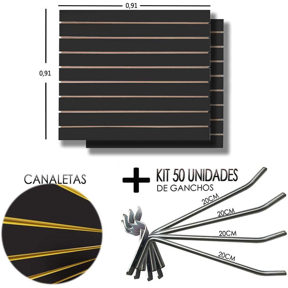 2 Paineis Canaletado Preto - 0,91 x 0,91 + 50 Gancho 20cm + Canaletas AMARELA