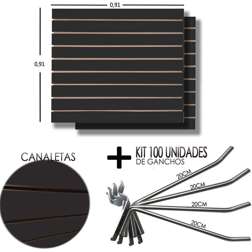 2 Paineis Canaletado Preto - 0,91 x 0,91 + 100 Gancho 20cm + Canaletas PRETAS