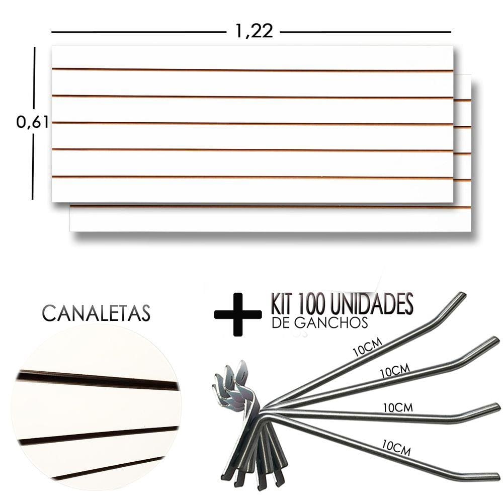 2 Paineis Canaletado - 1,22 X 0,61 + 100 Gancho 10cm + Canaletas Preto