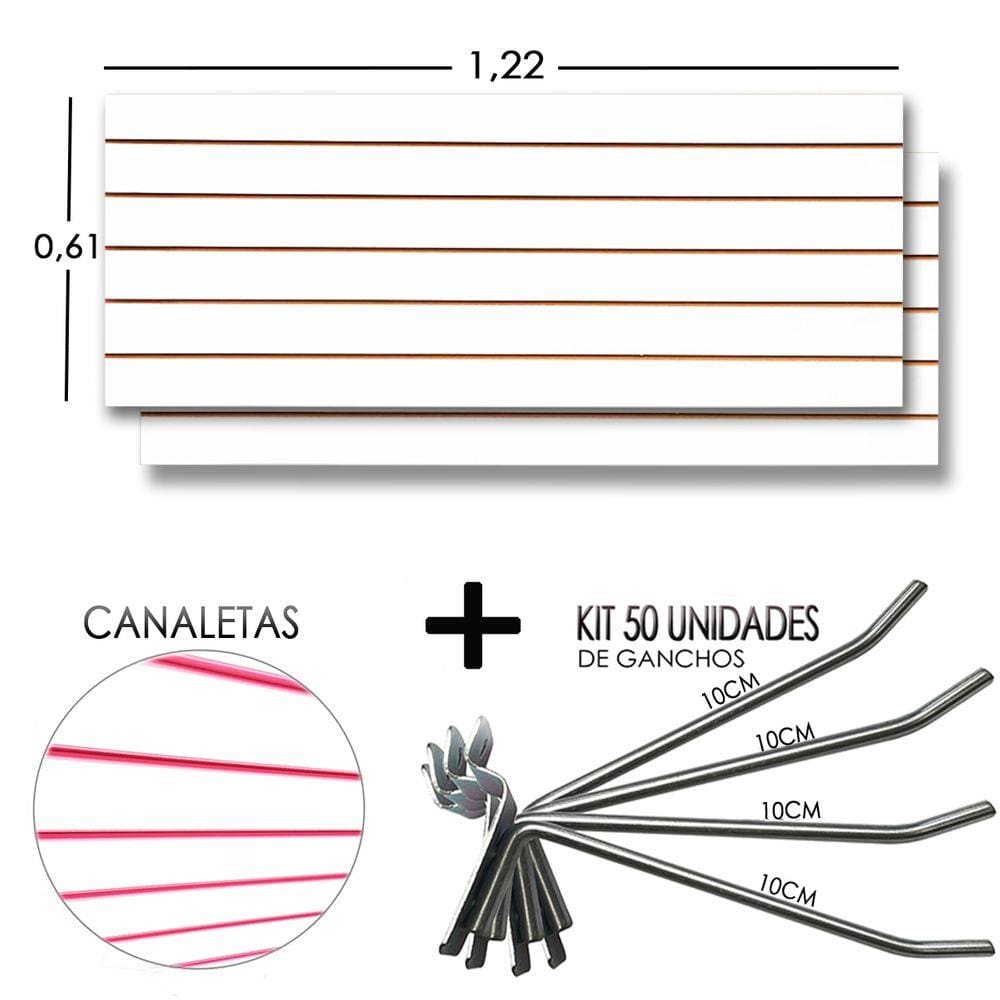 2 Paineis Canaletado - 1,22 x 0,61 + 50 Gancho 10cm + Canaletas Rosa