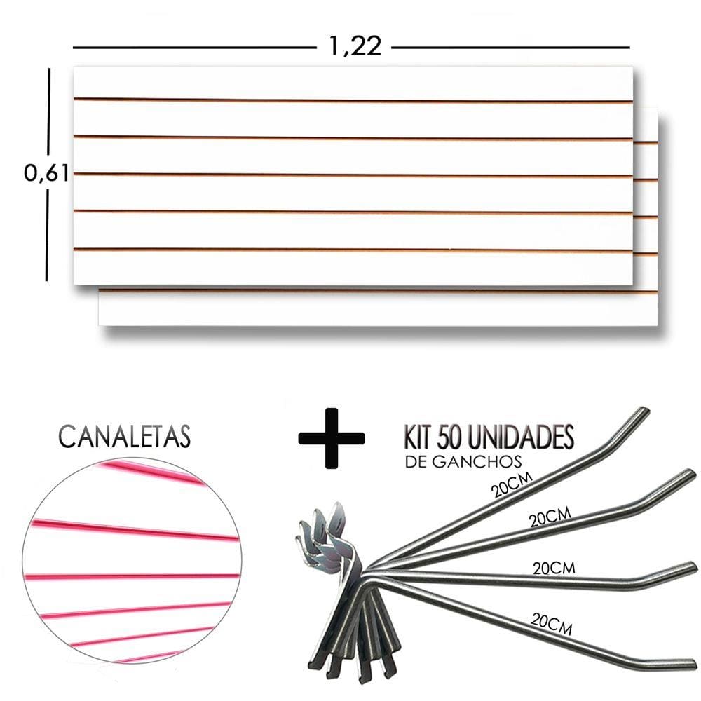 2 Paineis Canaletado - 1,22 x 0,61 + 50 Gancho 20cm + Canaletas Rosa