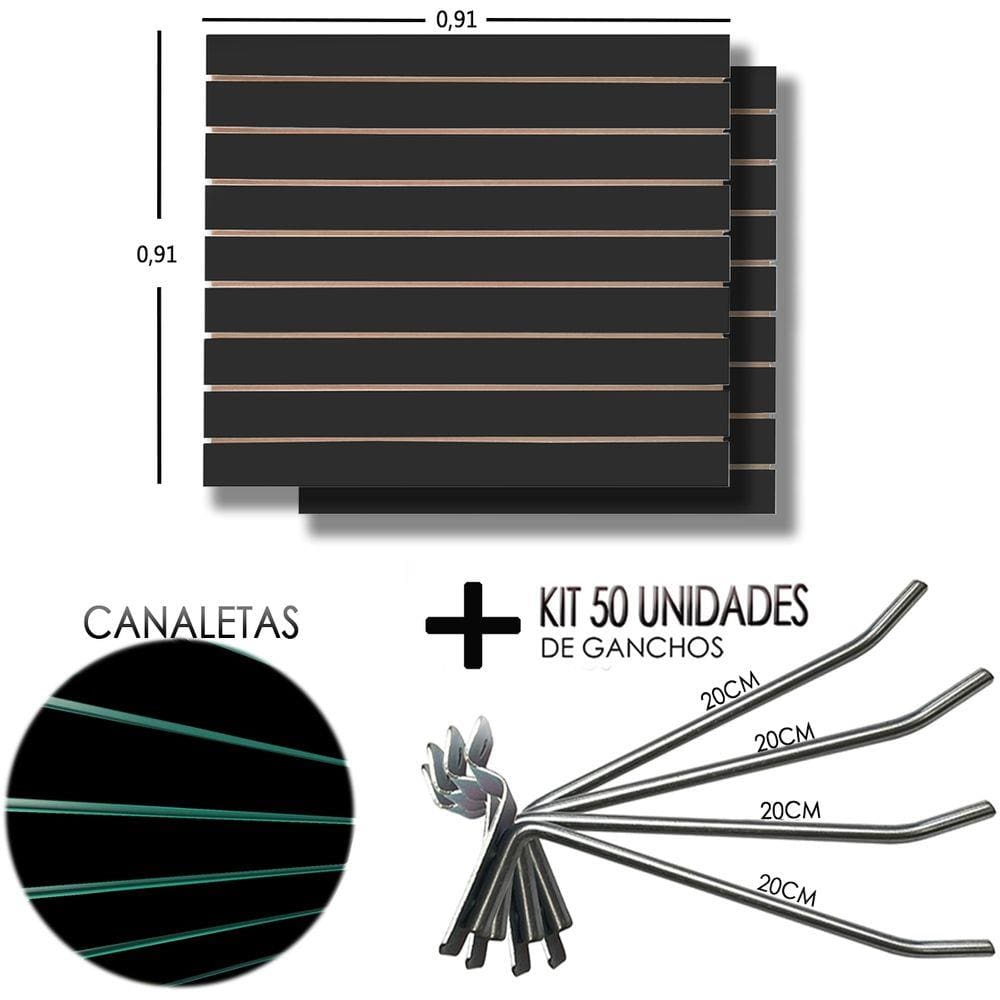 2 Paineis Canaletado Preto - 0,91 x 0,91 + 50 Gancho 20cm + Canaletas AZUL