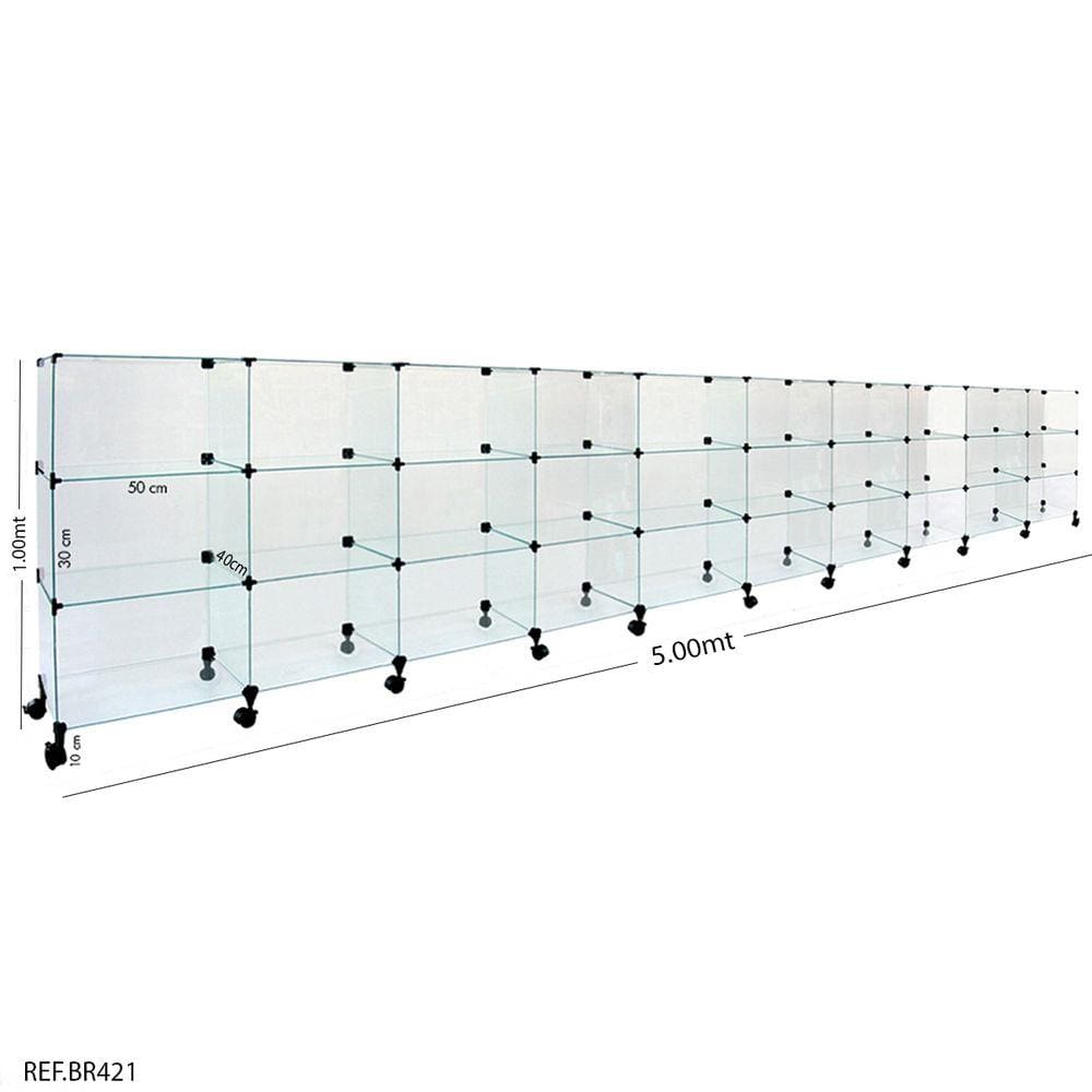 Balcão de Atendimento Modulado em Vidro com Rodízios - 5,00 x 1,00 x 0,40