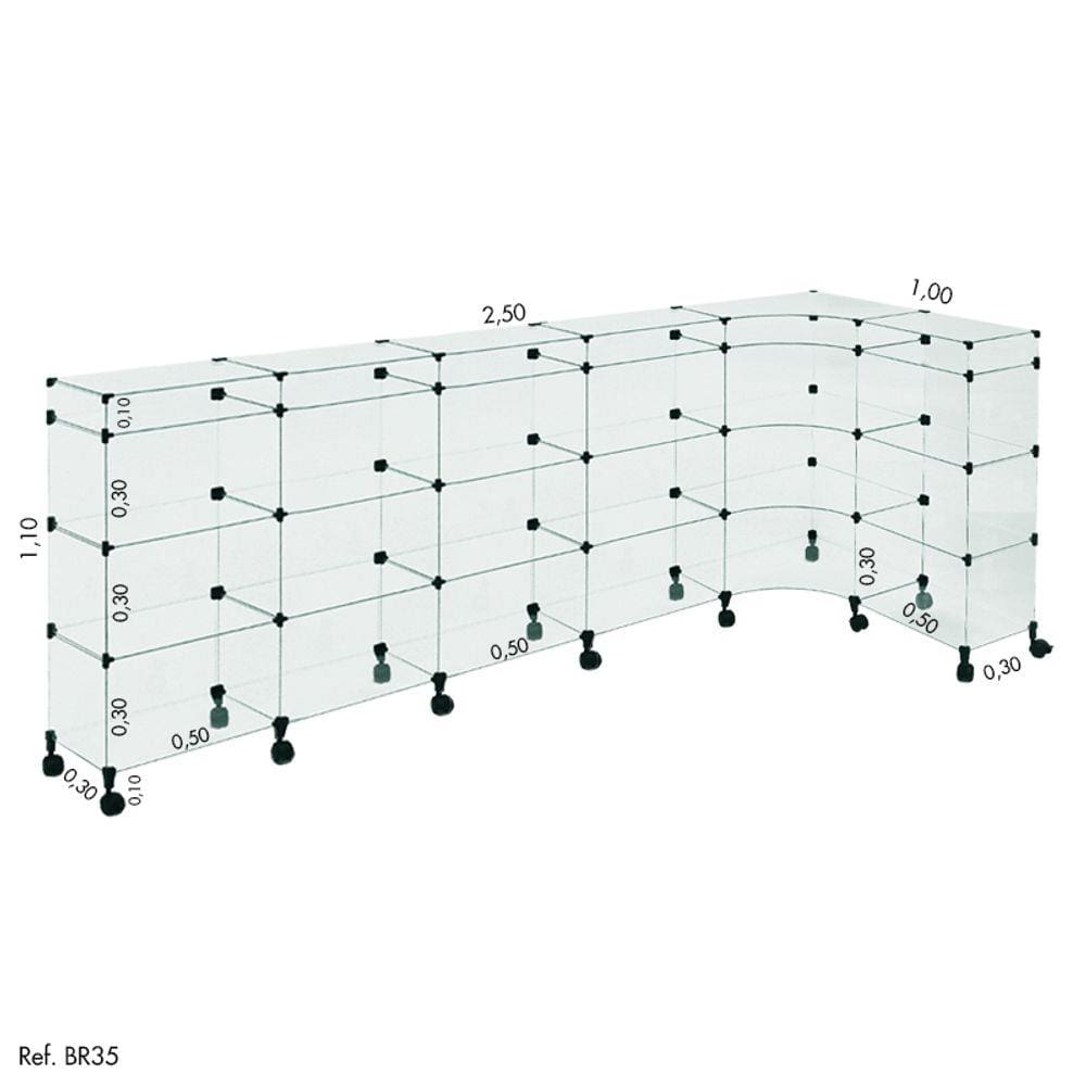 Balcão de Atendimento L Modulado em Vidro com Rodízios 2,50 x 1,10 x 1,00