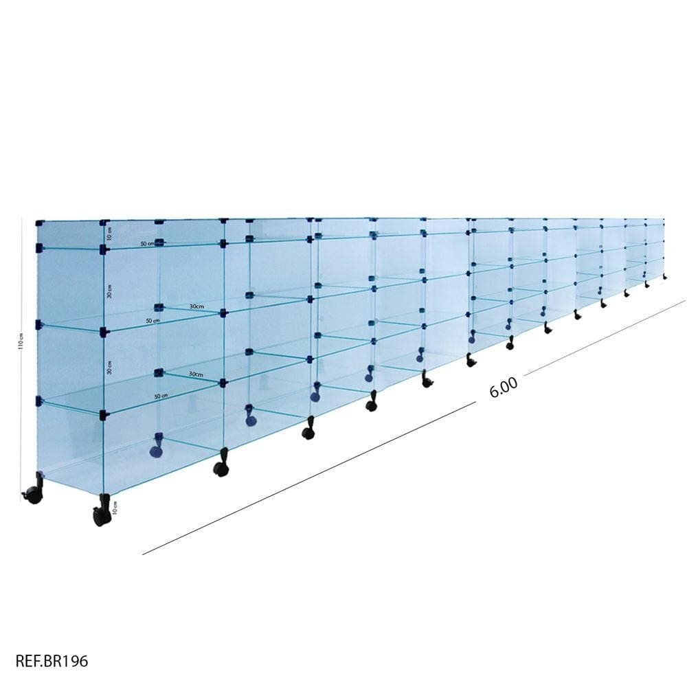 Balcão de Atendimento Modulado em Vidro com Rodízios - 6,00 x 1,10 x 0,30