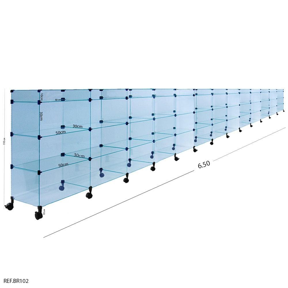 Balcão de Atendimento Modulado em Vidro com Rodízios - 6,50 x 1,10 x 0,30