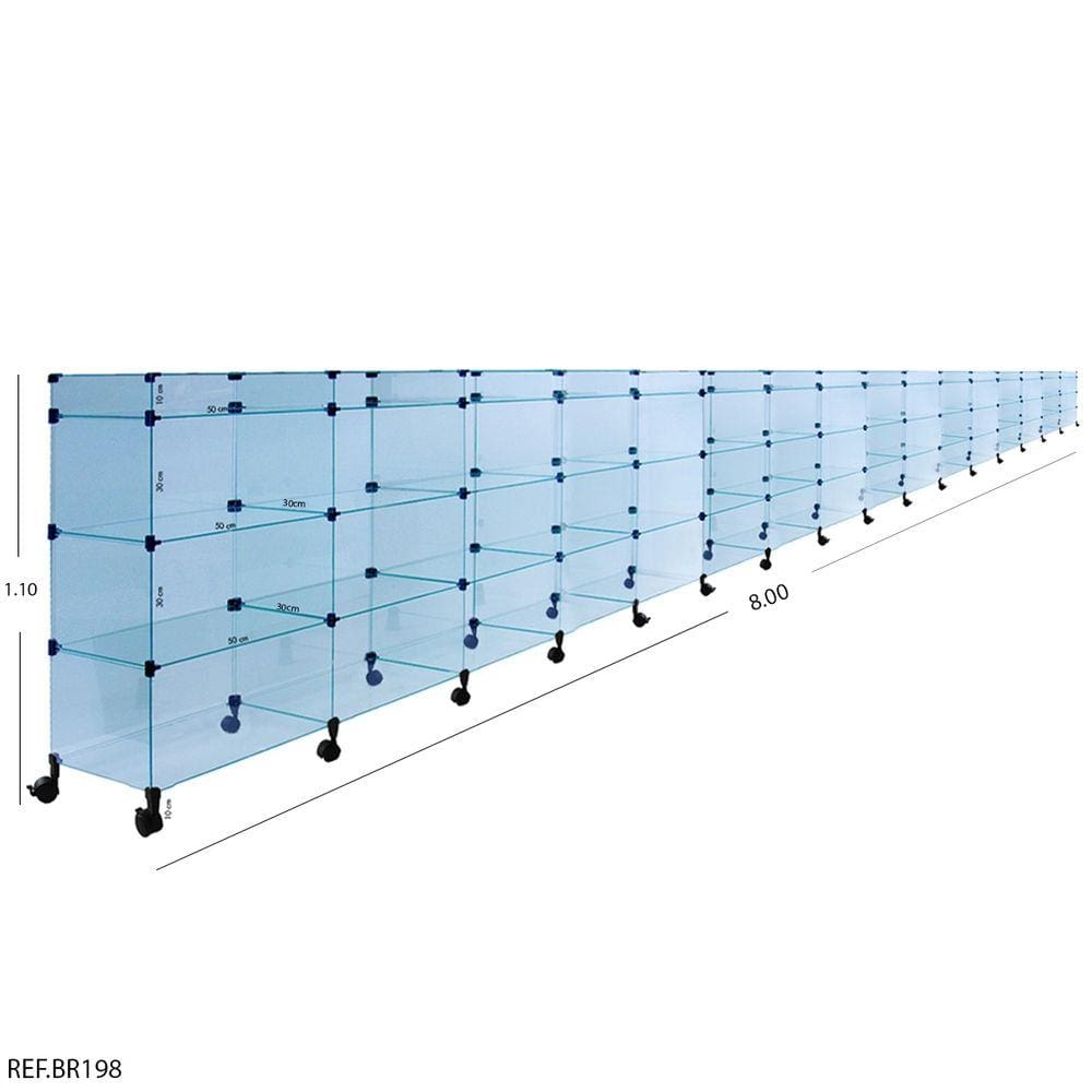 Balcão de Atendimento Modulado em Vidro com Rodízios - 8,00 x 1,10 x 0,30