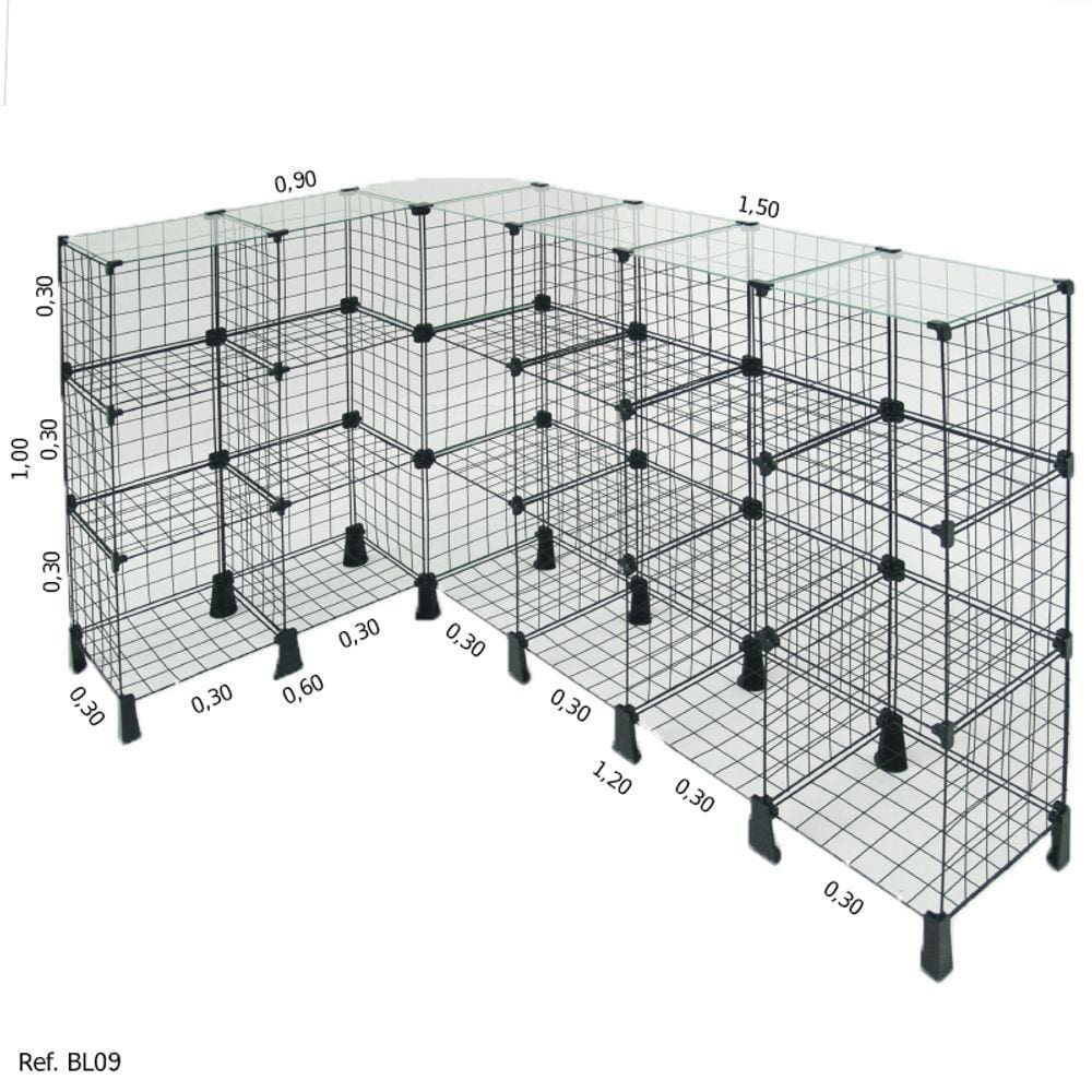 Balcão L Aramado com Tampo de Vidro - 1,50 x 1,00 x 0,90