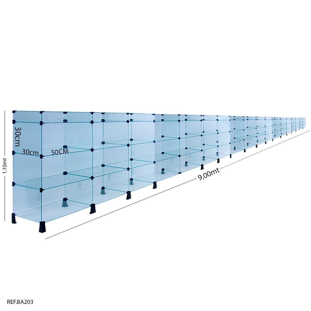 Balcão de Atendimento Modulado em Vidro com Porta Bijuterias - 9,00 x 1,10 x 0,30