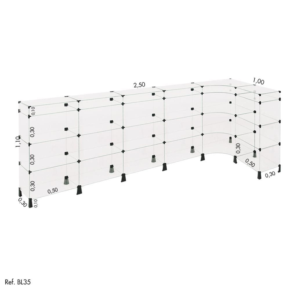 Balcão de Atendimento L Modulado em Vidro 2,50 x 1,10 x 1,00