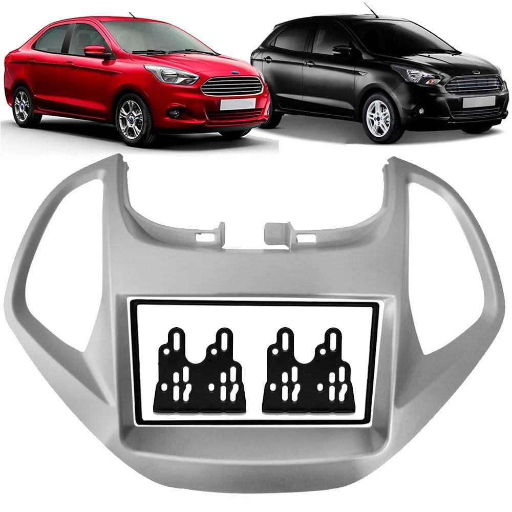 Moldura de Painel 2 Din 7” Polegadas Ford Ka Hatch e Sedan 2015 2016 2017 2018 Com Computador Bordo - Prata