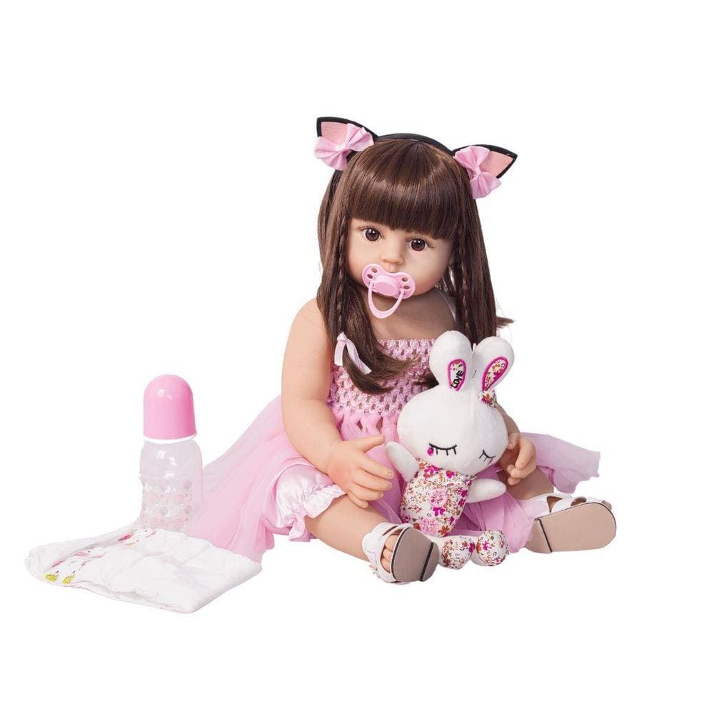 Boneca Reborn Bebe Silicone Menina Cabelo Cacheado 57cm em