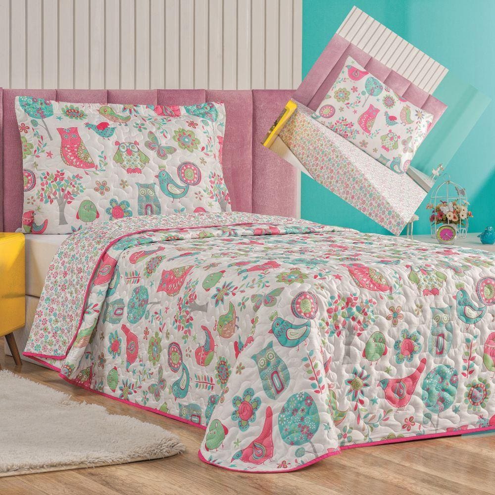 Kit Cobre Leito Solteiro e Lençol 4 Peças Corujinha