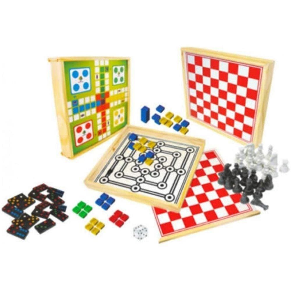 Kit com Jogos Clássico 5x1 Dominó Ludo Loto Damas Trilha Xalingo