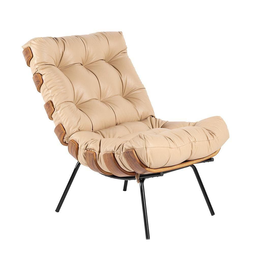 Poltrona Costela Couro Legítimo Base De Metal Preto Bege