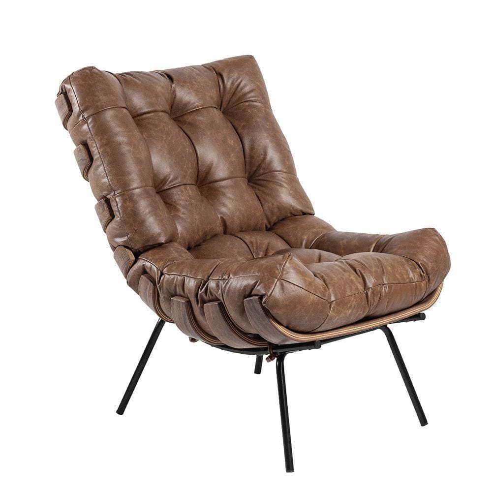 Poltrona Costela Couro Legítimo Base De Metal Preto Nozes