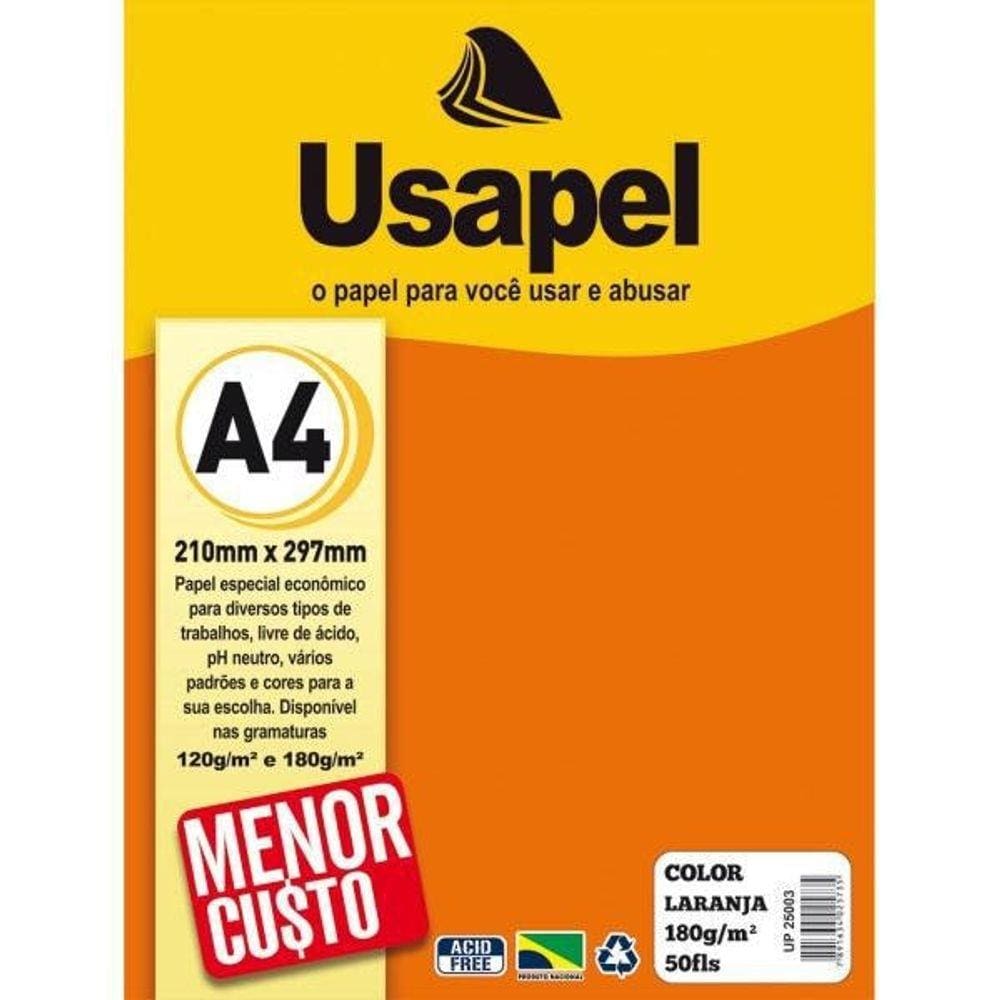 Papel Color A4 180g Laranja 50 folhas Usapel
