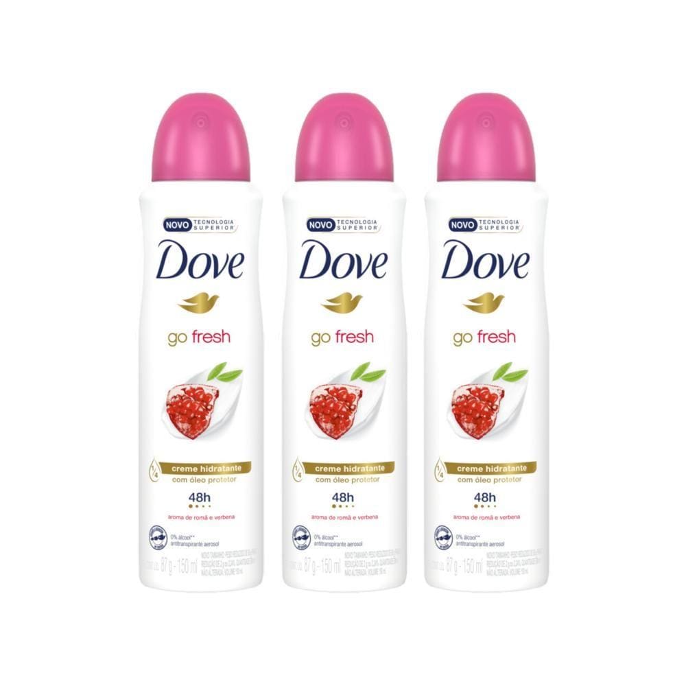 Kit com 3 Desodorantes Antitranspirantes Aerosol Dove Go Fresh Romã e Verbena 150ml