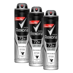 Kit com 3 Desodorantes Antitranspirantes Aerosol Masculino Rexona Invisible 72 horas 150ml