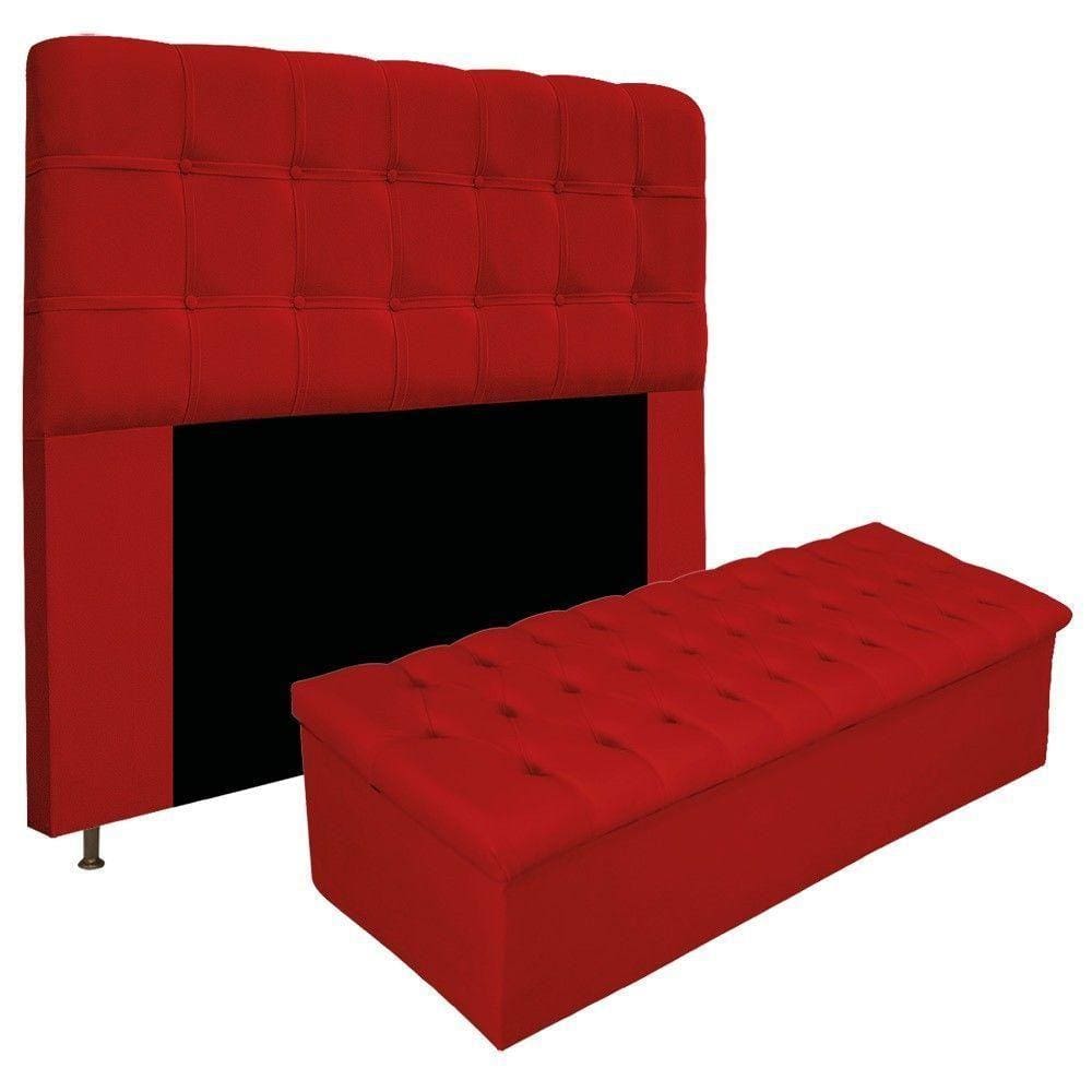Kit Cabeceira Calçadeira Baú Estofada 195cm King Vermelho