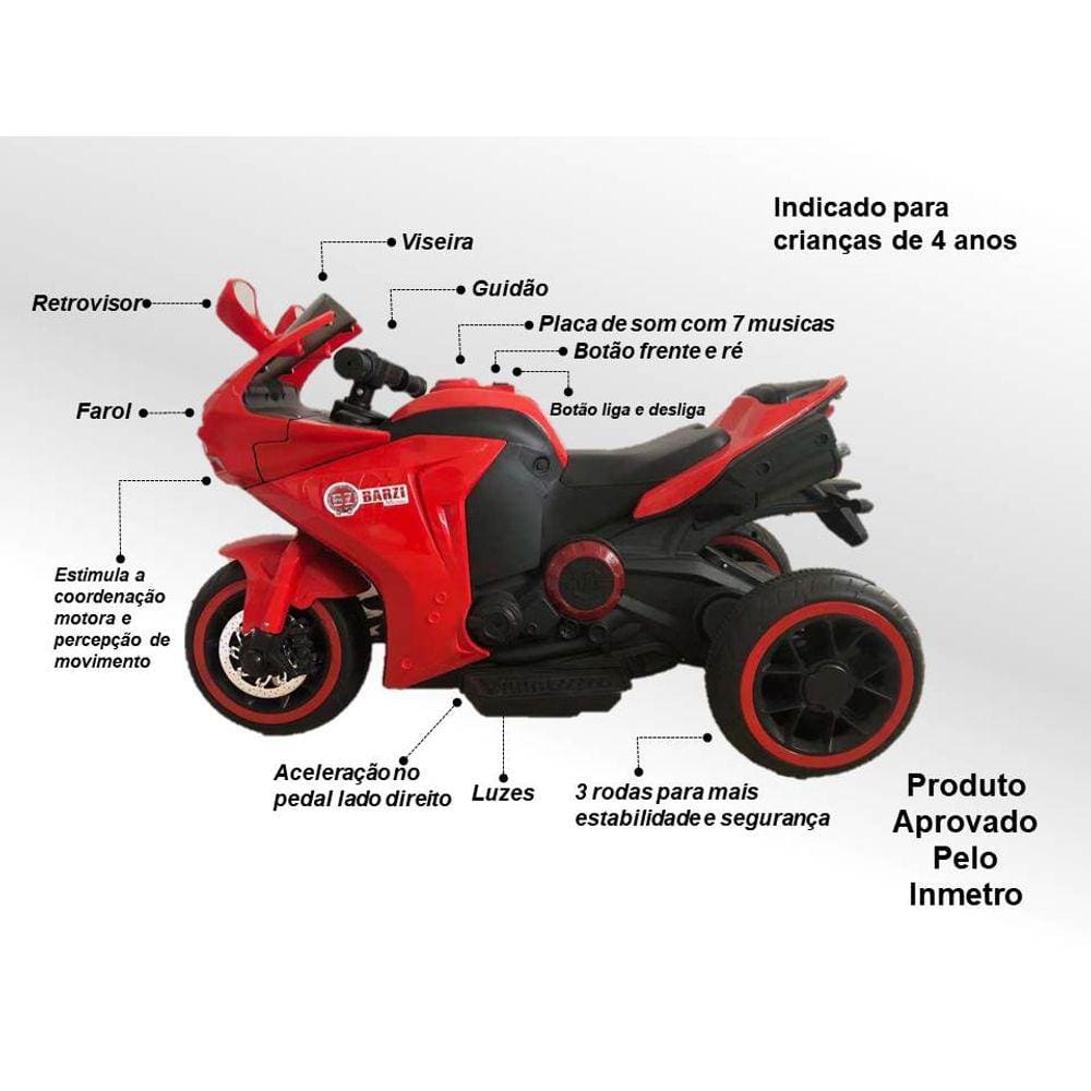 Moto Elétrica Infantil BZ R1 12V Vermelha com Rodinhas de Apoio, Música e  Luzes BARZI MOTORS