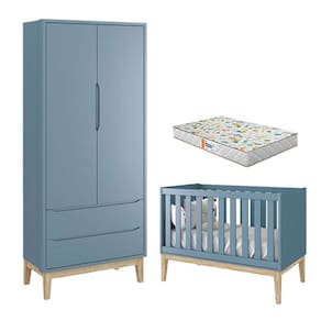 Berço Americano e Guarda Roupa 2 Portas New Classic Azul com Pés Madeira Natural e Colchão Gazin - Reller