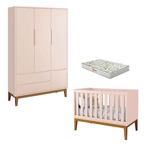 Berço Americano e Guarda Roupa 3 Portas New Classic Rosa com Pés Madeira e Colchão Gazin - Reller