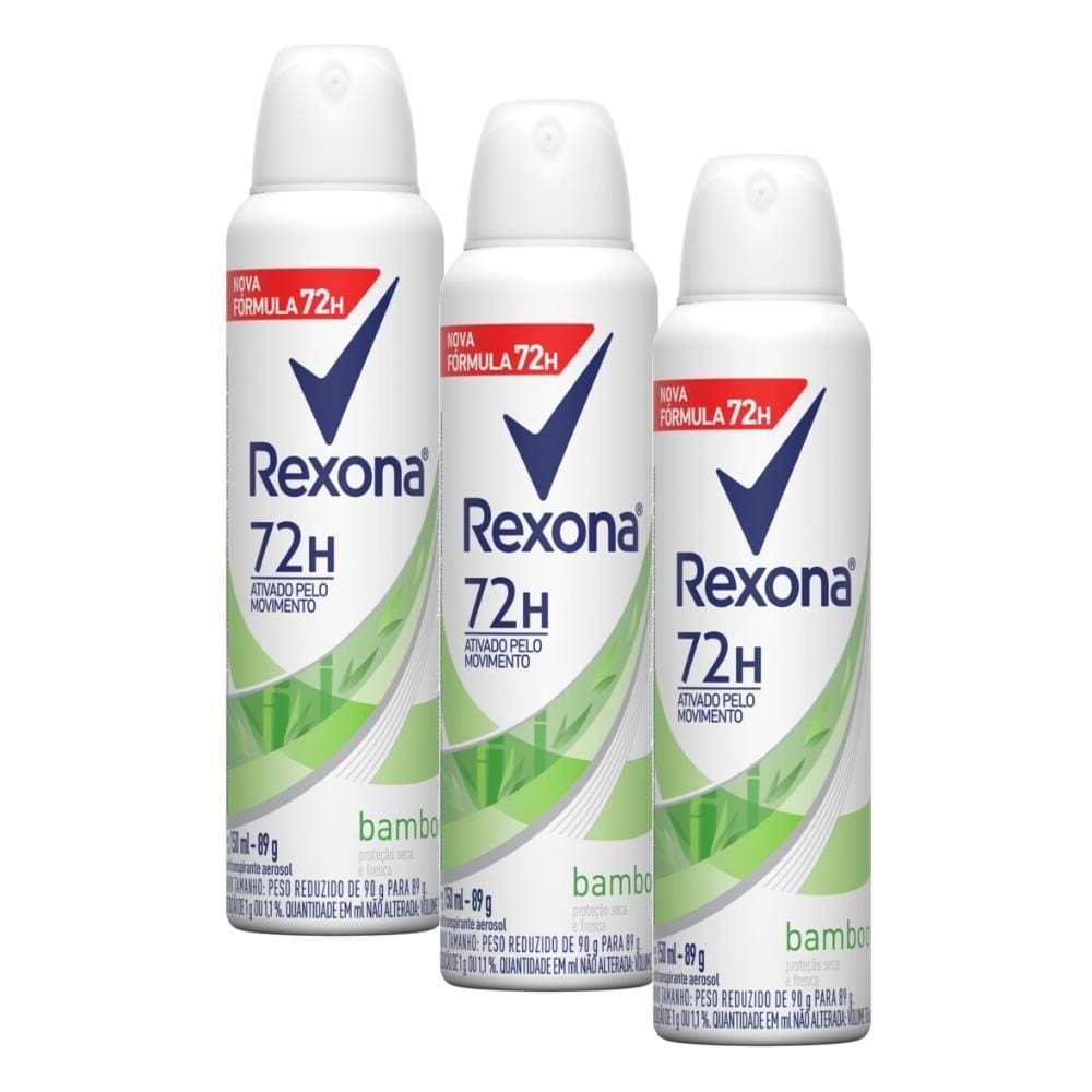 Kit com 3 Desodorantes Antitranspirantes Aerosol Feminino Rexona Bamboo 72 horas 150ml