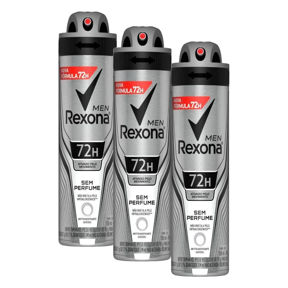 Kit com 3 Desodorantes Antitranspirantes Aerosol Masculino Rexona Sem Perfume 72 horas 150ml