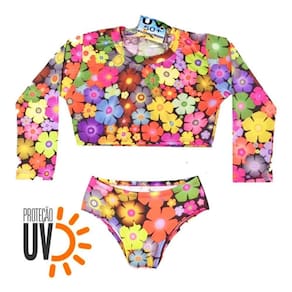 Biquini Infantil + Blusa Cropped Proteção Solar Uv50 Florida