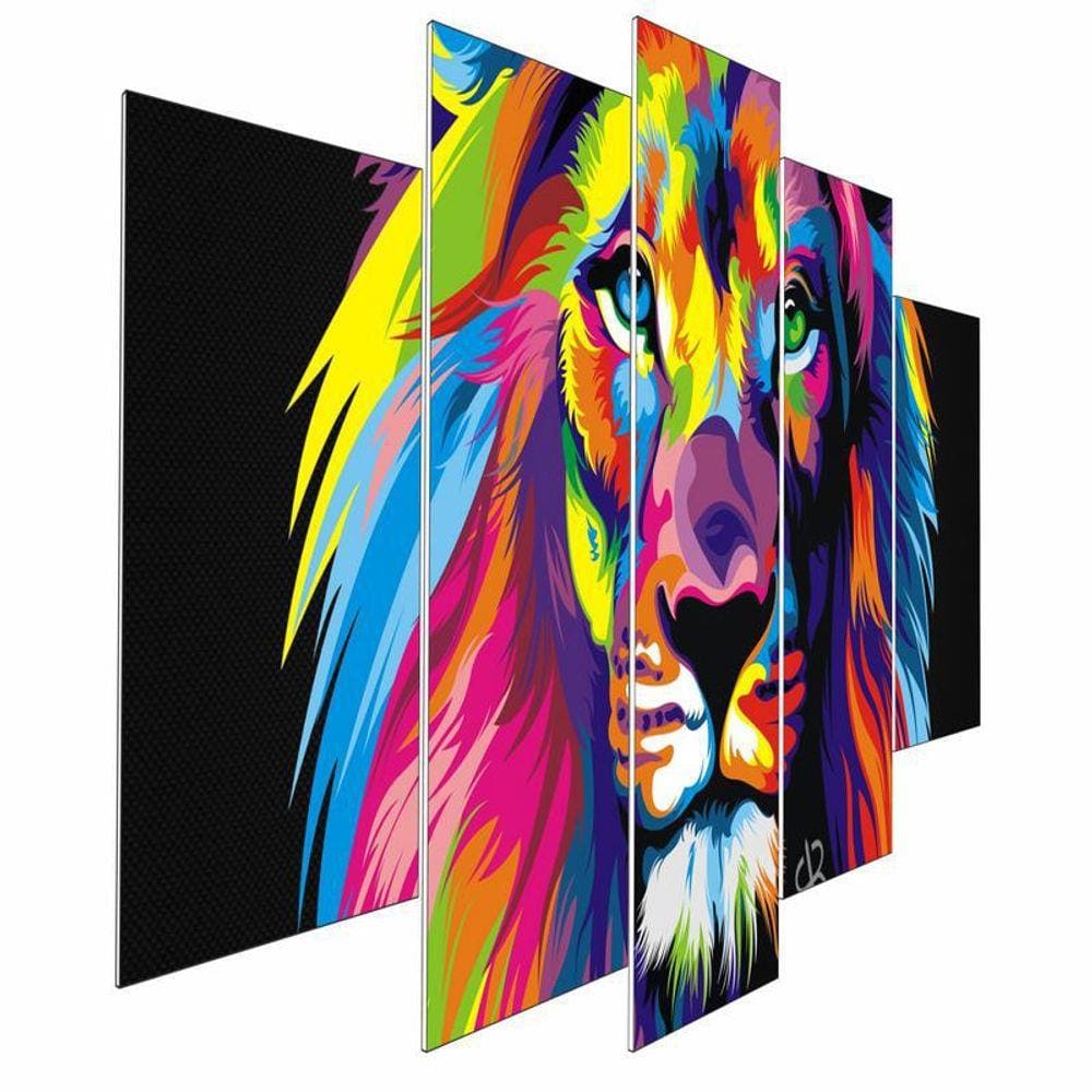 Kit Quadros Decorativo Olph Decor Leão Aquarela 5 Peças