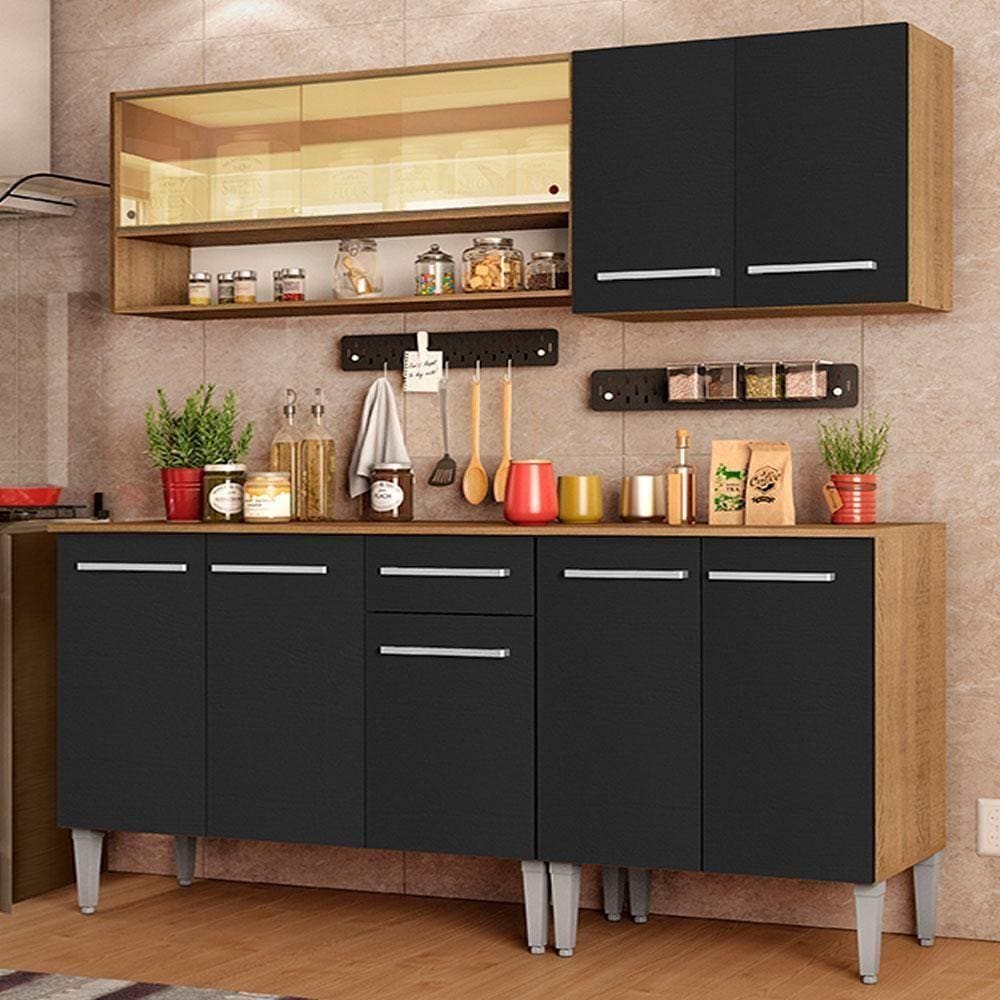 Armário de Cozinha Emilly com Balcão e Aéreo Vidro Preto