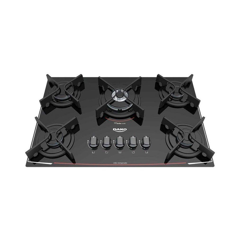 Cooktop dako 5 bocas turbo glass com mesa em vidro tripla chama preto Casas Bahia