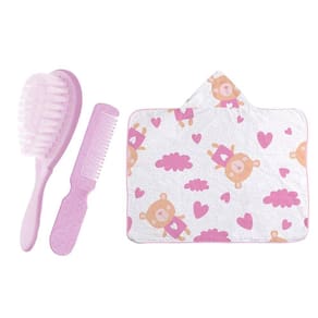 Kit Bebê 3 Peças Toalha Capuz E Kit Pente E Escova Rosa