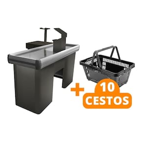 KIT - Caixa Supermercado Empacotador Check-out 1,5m Recorte + 10 Cestos de Compras Preto