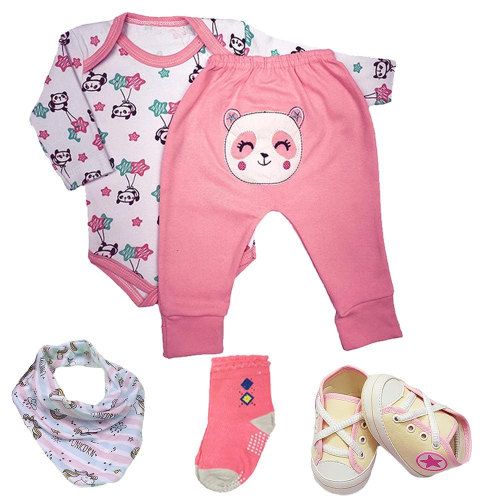 Kit Roupa de Bebê 5 Peças Conjunto Body e Mijão e Acessórios